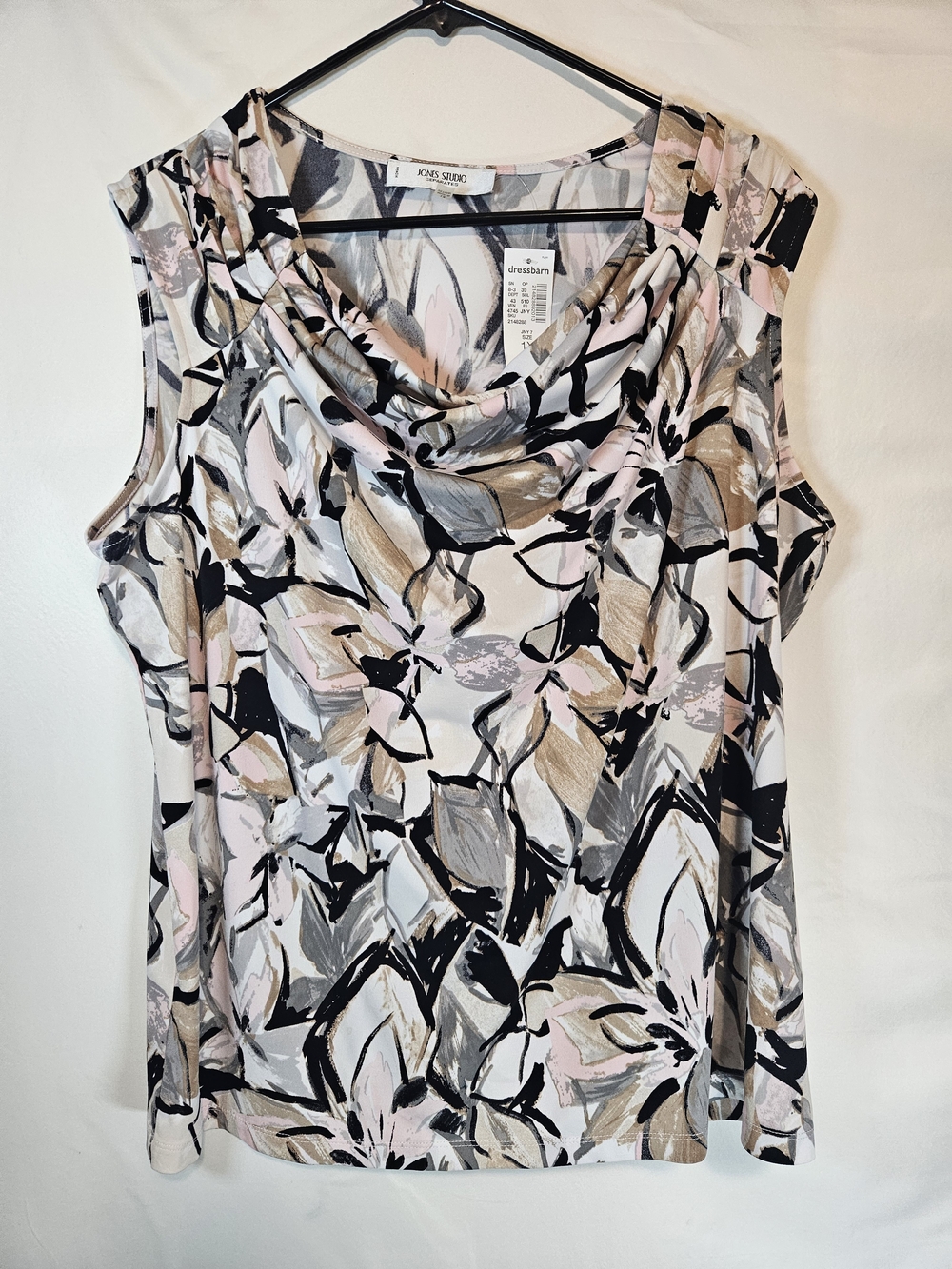 Jones Studio Floral Cowl Neck Sleeveless Tank in Pink, Gray & Black